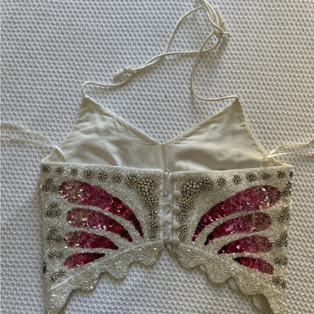 Retrofete Cream Sequin Beaded Halter Crop Top with Pink and Purple Accents - Picture 3 of 4
